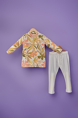 Yellow Cotton Silk Floral Printed Kurta Set For Boys by Spring Break- Kids