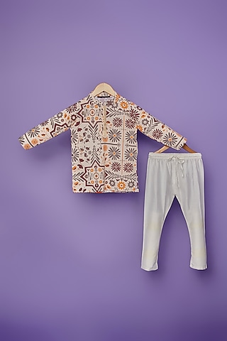 Beige Cotton Silk Floral Printed Kurta Set For Boys by Spring Break- Kids