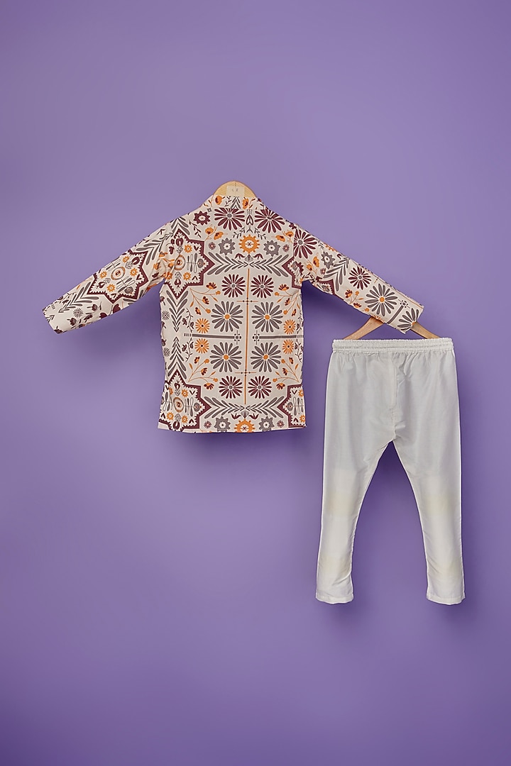 Beige Cotton Silk Floral Printed Kurta Set For Boys by Spring Break- Kids at Pernia's Pop Up Shop