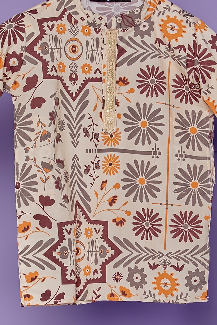 Beige Cotton Silk Floral Printed Kurta Set For Boys by Spring Break- Kids at Pernia's Pop Up Shop