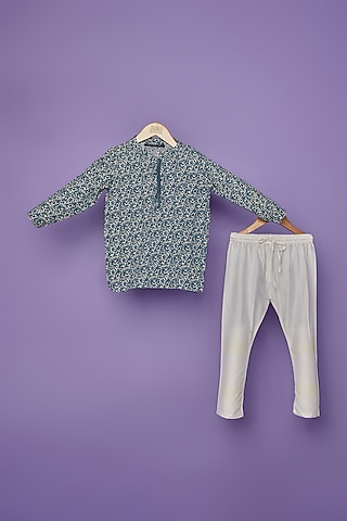Blue Cotton Crepe Printed Kurta Set For Boys by Spring Break- Kids