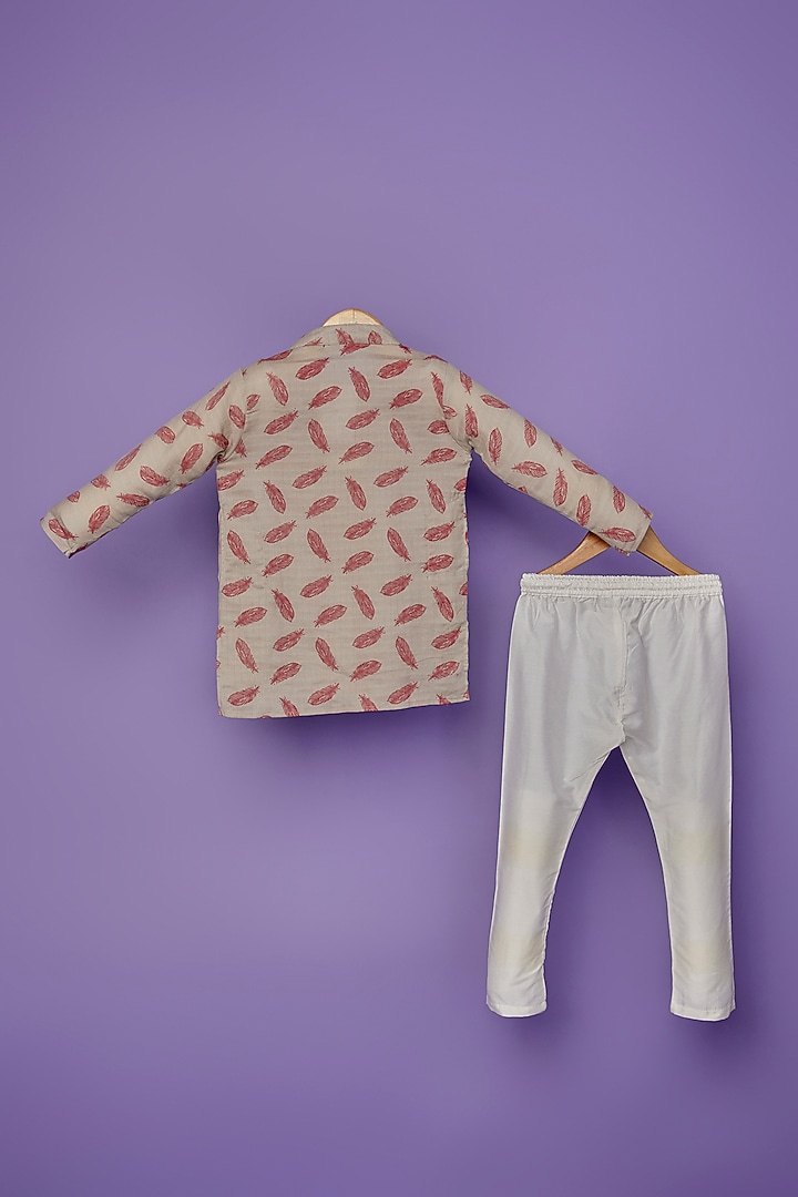 Beige Cotton Leaf Printed Kurta Set For Boys by Spring Break- Kids at Pernia's Pop Up Shop