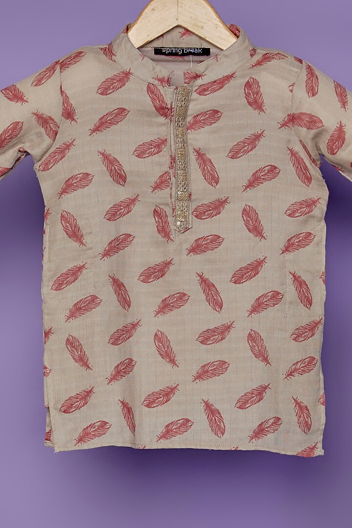 Beige Cotton Leaf Printed Kurta Set For Boys by Spring Break- Kids at Pernia's Pop Up Shop