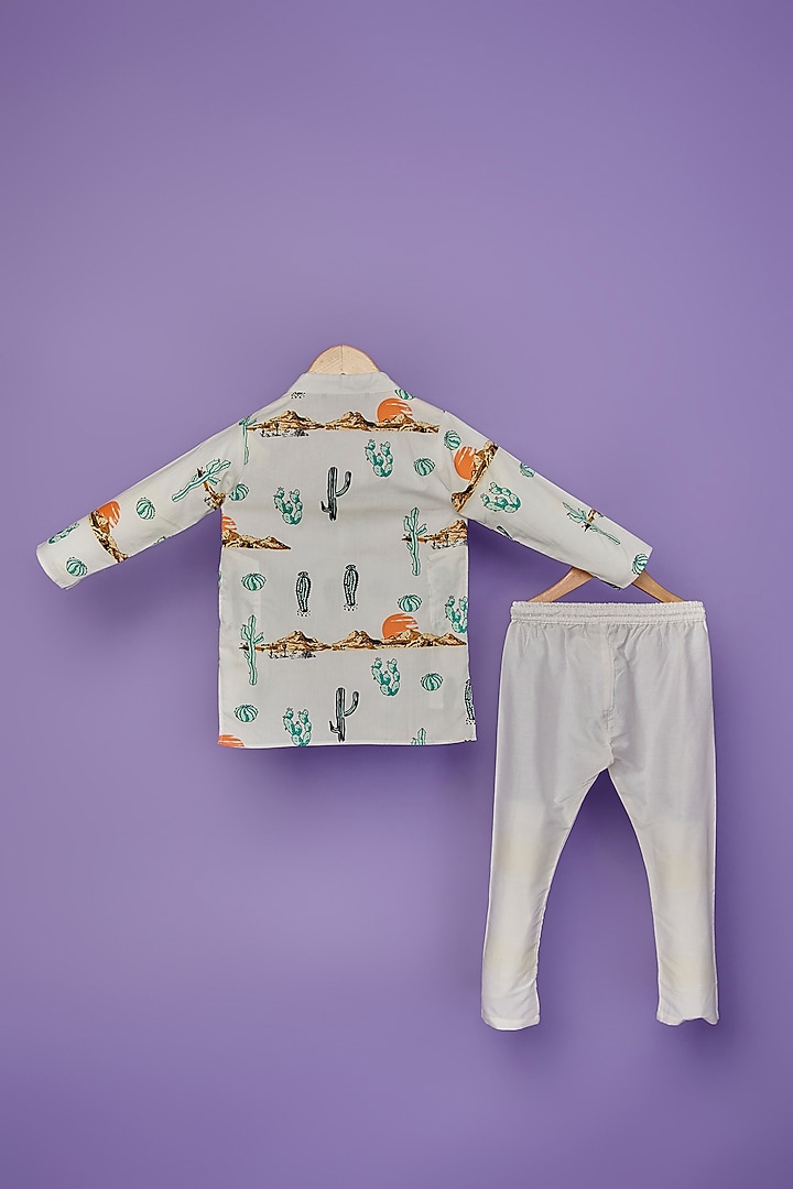 White Cotton Cactus Printed Kurta Set For Boys by Spring Break- Kids at Pernia's Pop Up Shop