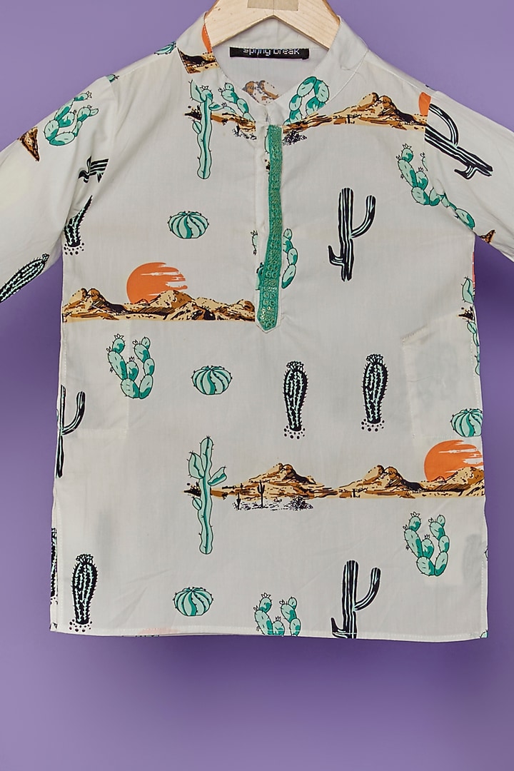 White Cotton Cactus Printed Kurta Set For Boys by Spring Break- Kids at Pernia's Pop Up Shop