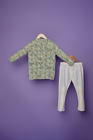 Mint Green Cotton Garden Printed Kurta Set For Boys by Spring Break- Kids