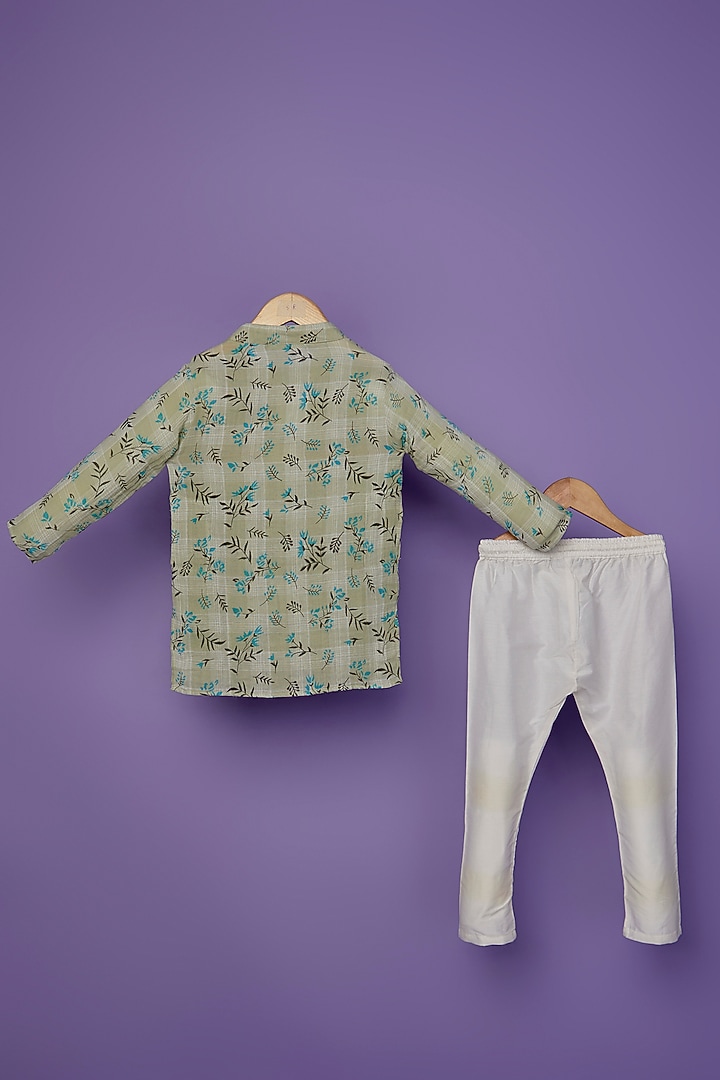 Mint Green Cotton Garden Printed Kurta Set For Boys by Spring Break- Kids at Pernia's Pop Up Shop