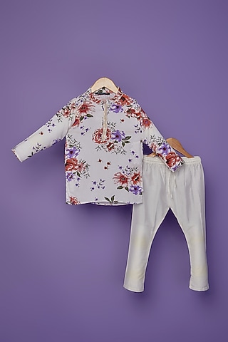 White Cotton Floral Digital Printed Kurta Set For Boys by Spring Break- Kids