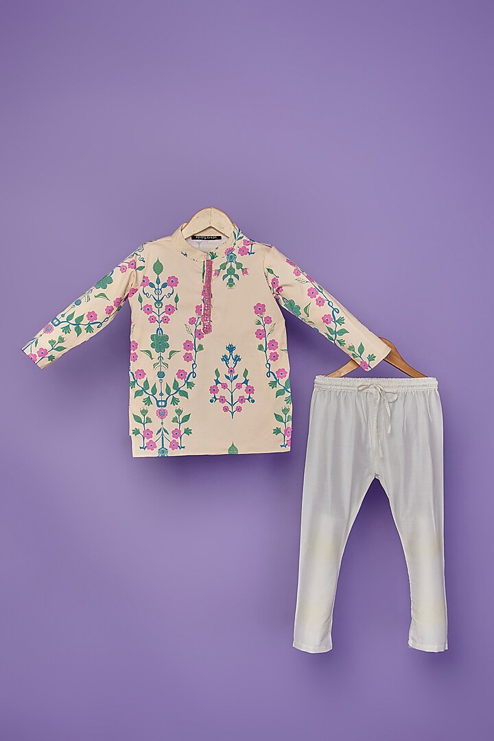 Cream Cotton Silk Floral Printed Kurta Set For Boys by Spring Break- Kids