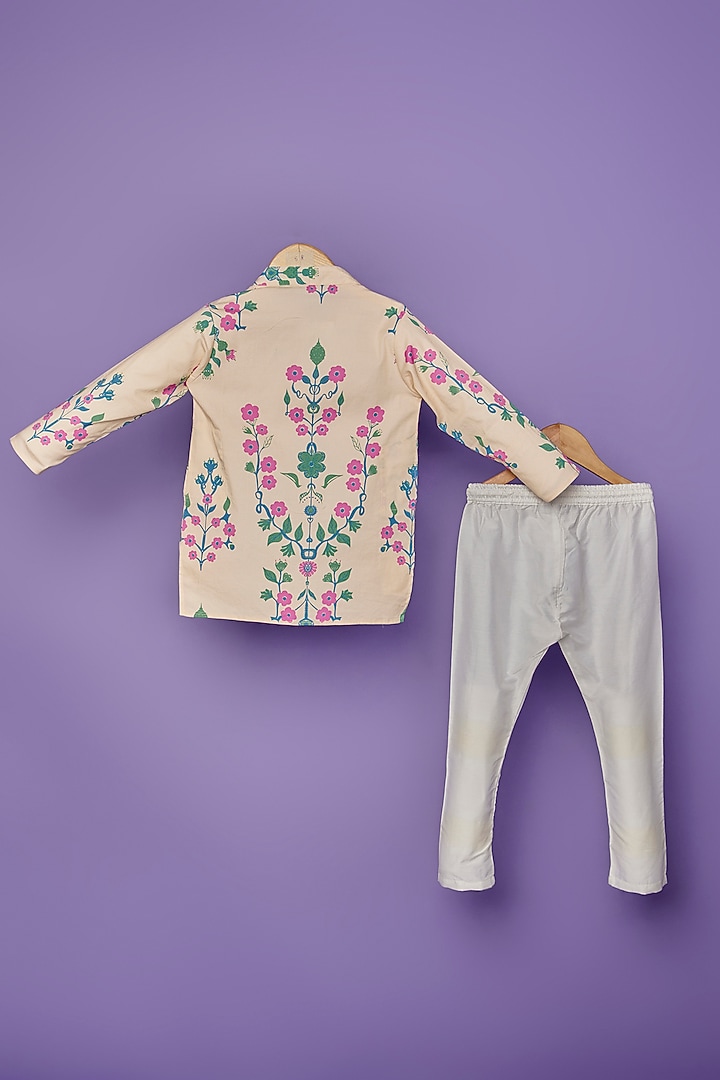 Cream Cotton Silk Floral Printed Kurta Set For Boys by Spring Break- Kids at Pernia's Pop Up Shop