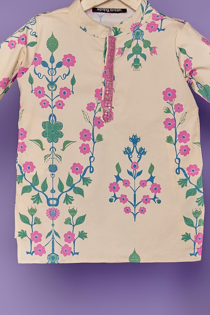 Cream Cotton Silk Floral Printed Kurta Set For Boys by Spring Break- Kids at Pernia's Pop Up Shop