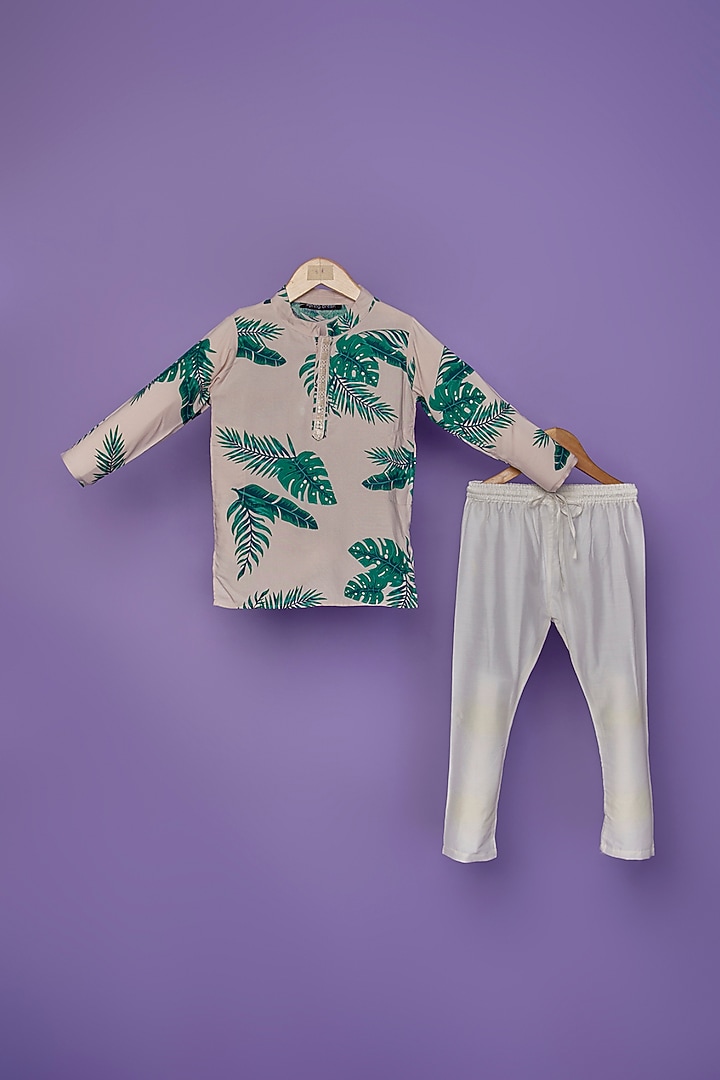 Cream Cotton Tropical Printed Kurta Set For Boys by Spring Break- Kids at Pernia's Pop Up Shop