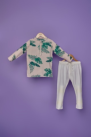 Cream Cotton Tropical Printed Kurta Set For Boys by Spring Break- Kids