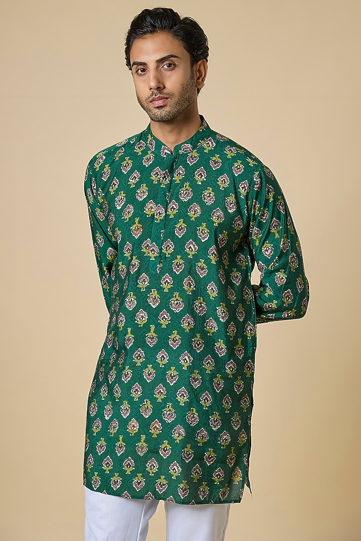 Bottle Green Blended Silk Botanical Printed Kurta Set For Boys by Spring Break- Kids at Pernia's Pop Up Shop