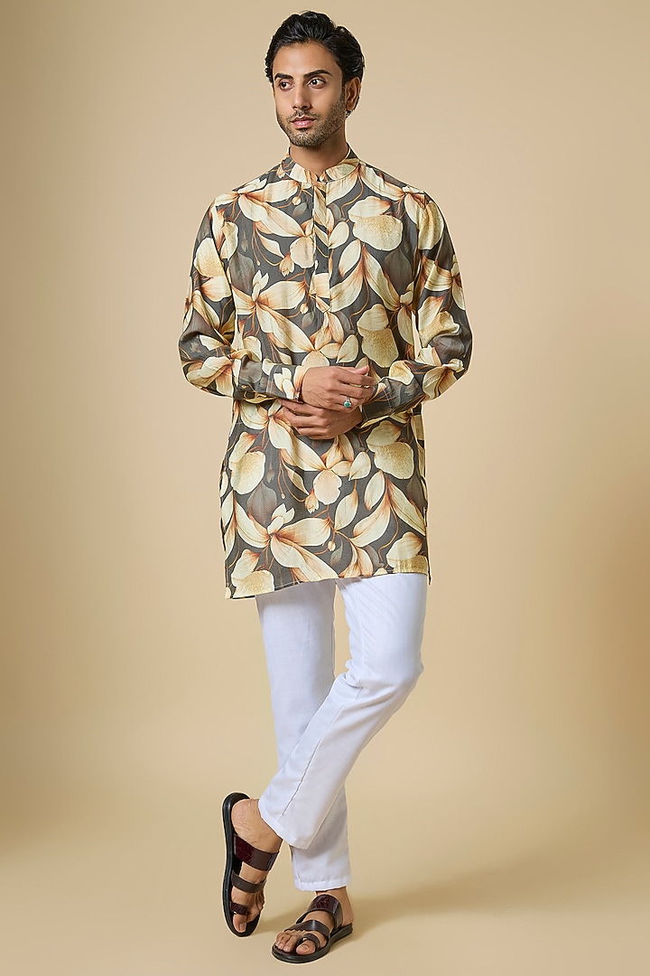 Grey Blended Silk Digital Printed Kurta Set For Boys by Spring Break- Kids at Pernia's Pop Up Shop