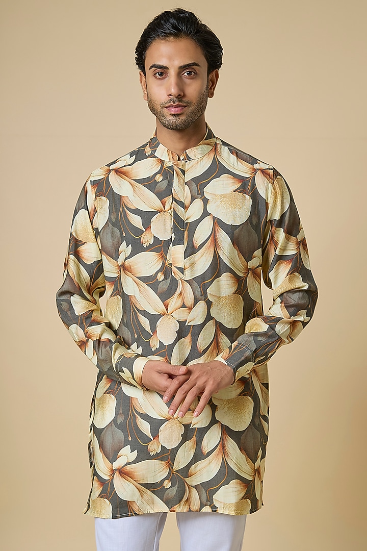 Grey Blended Silk Digital Printed Kurta Set For Boys by Spring Break- Kids at Pernia's Pop Up Shop