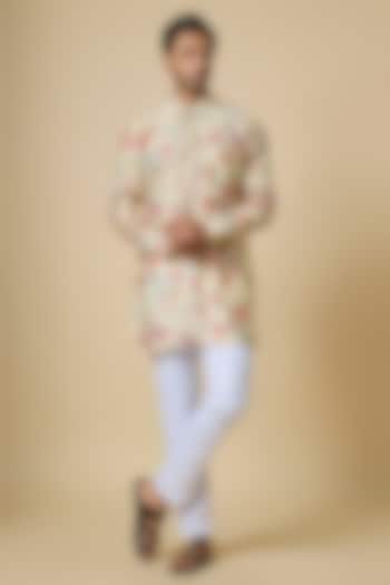 Cream Blended Silk Floral Digital Printed Kurta Set For Boys by Spring Break- Kids at Pernia's Pop Up Shop