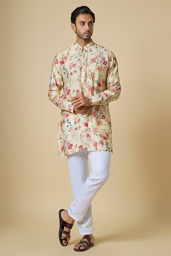 Cream Blended Silk Floral Digital Printed Kurta Set For Boys by Spring Break- Kids at Pernia's Pop Up Shop