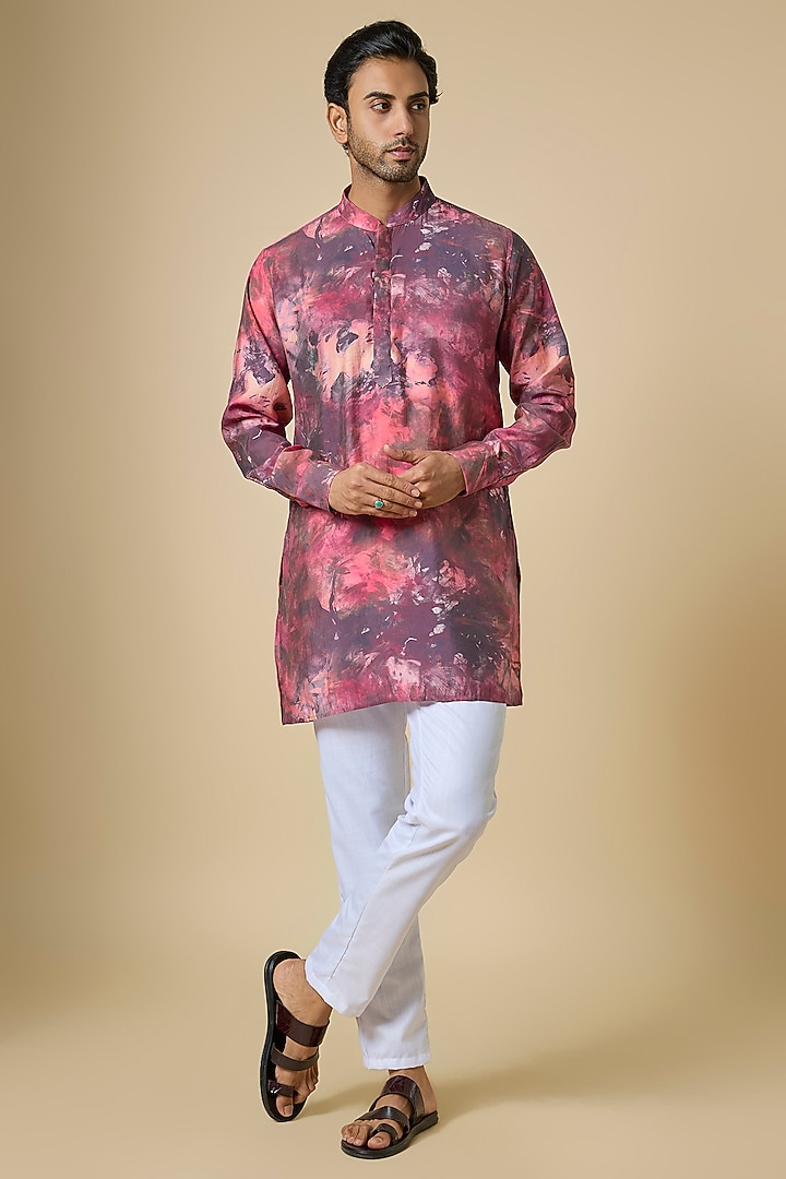 Dark Pink Blended Silk Digital Printed Kurta Set For Boys by Spring Break- Kids at Pernia's Pop Up Shop
