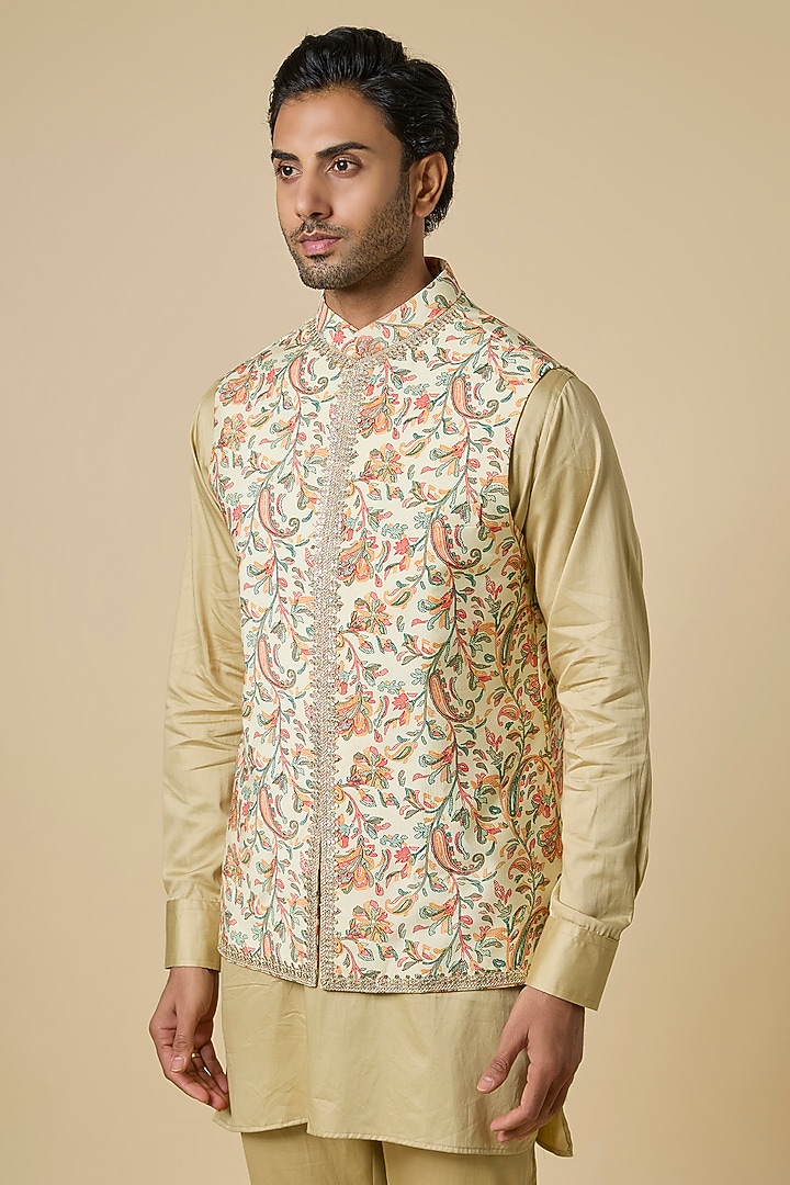 Beige Blended Silk Printed & Embroidered Nehru Jacket Set For Boys by Spring Break- Kids at Pernia's Pop Up Shop