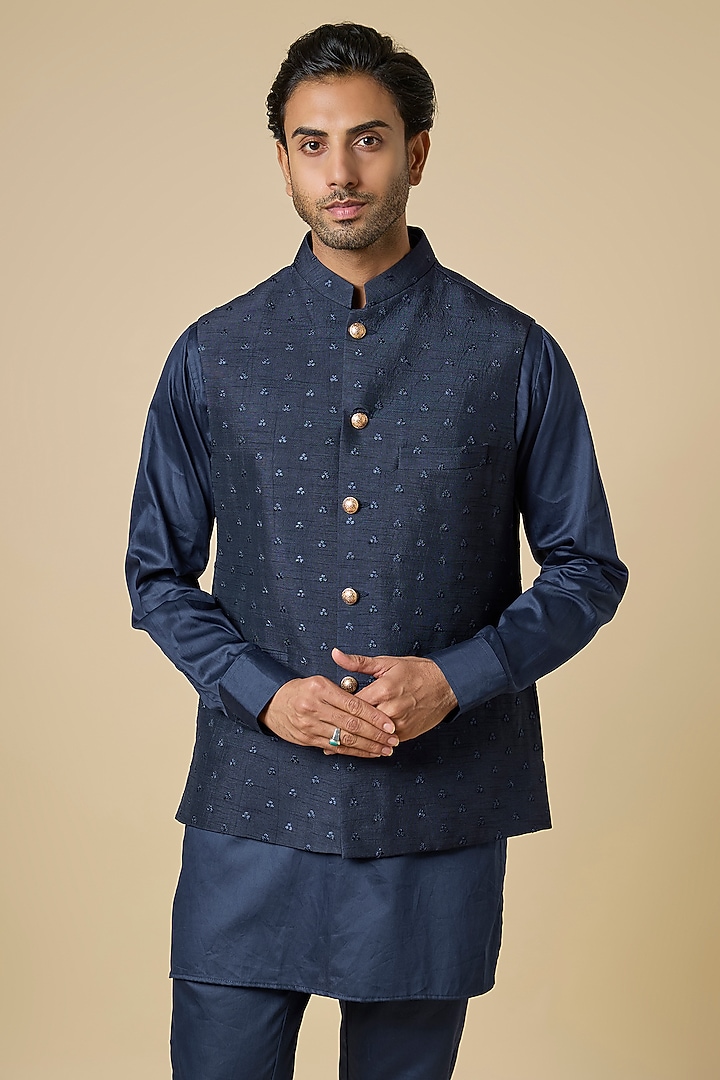 Navy Blue Blended Silk Embroidered Nehru Jacket Set For Boys by Spring Break- Kids at Pernia's Pop Up Shop