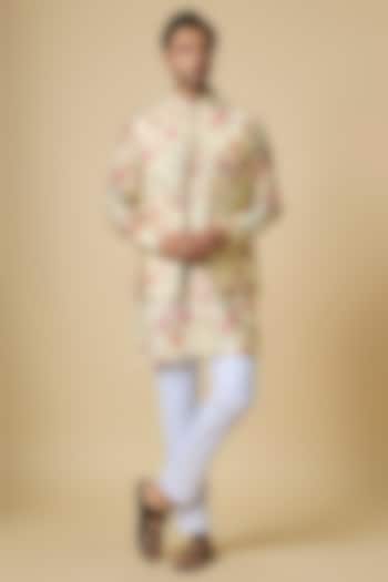 Beige Blended Silk Botanical Printed Jacket For Boys by Spring Break- Kids at Pernia's Pop Up Shop
