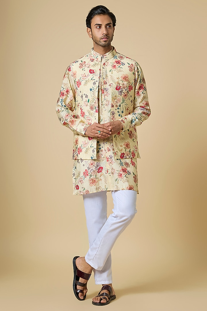 Beige Blended Silk Botanical Printed Jacket For Boys by Spring Break- Kids at Pernia's Pop Up Shop