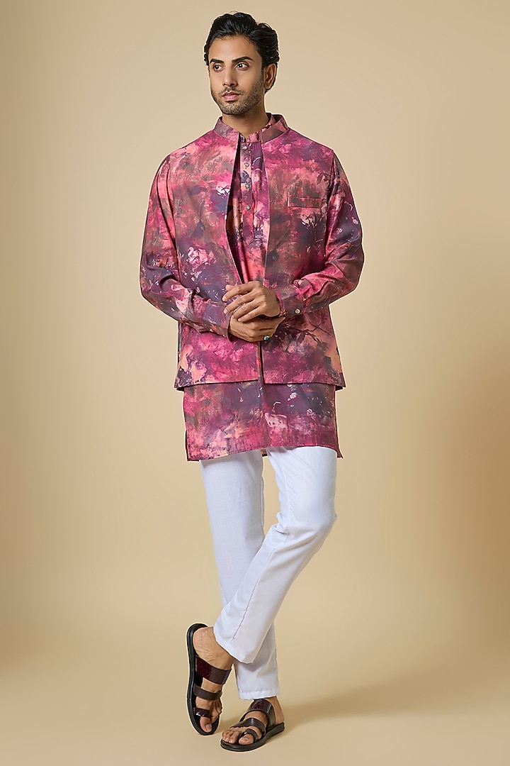 Pink Blended Silk Floral Printed Jacket For Boys by Spring Break- Kids at Pernia's Pop Up Shop