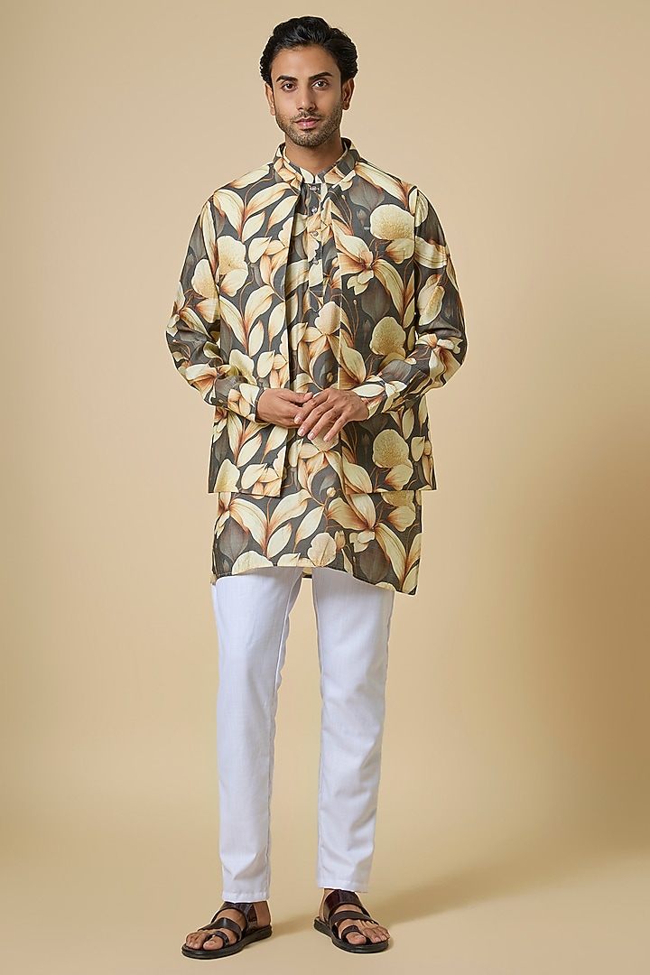 Grey Blended Silk Floral Printed Jacket For Boys by Spring Break- Kids at Pernia's Pop Up Shop