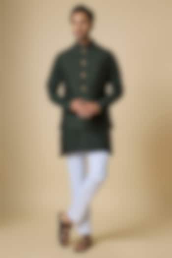 Bottle Green Blended Silk Embroidered Nehru Jacket Set For Boys by Spring Break- Kids at Pernia's Pop Up Shop