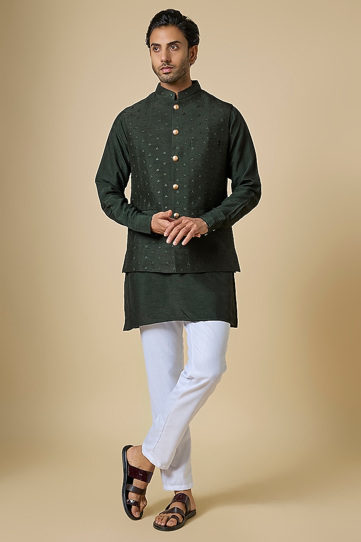Bottle Green Blended Silk Embroidered Nehru Jacket Set For Boys by Spring Break- Kids at Pernia's Pop Up Shop