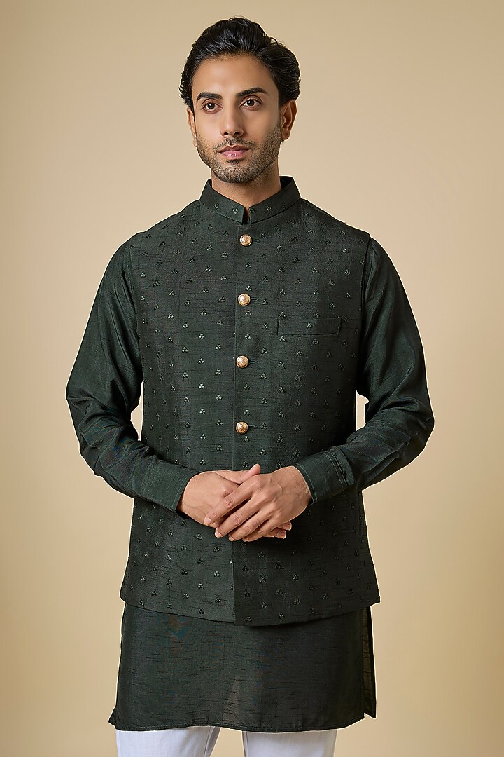 Bottle Green Blended Silk Embroidered Nehru Jacket Set For Boys by Spring Break- Kids at Pernia's Pop Up Shop