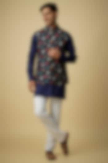 Navy Blue Blended Silk Leaf Printed Nehru Jacket Set For Boys by Spring Break- Kids at Pernia's Pop Up Shop