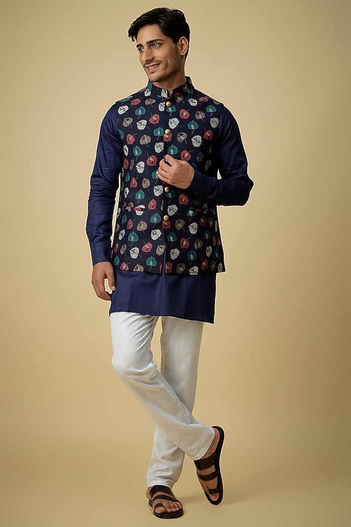 Navy Blue Blended Silk Leaf Printed Nehru Jacket Set For Boys by Spring Break- Kids at Pernia's Pop Up Shop