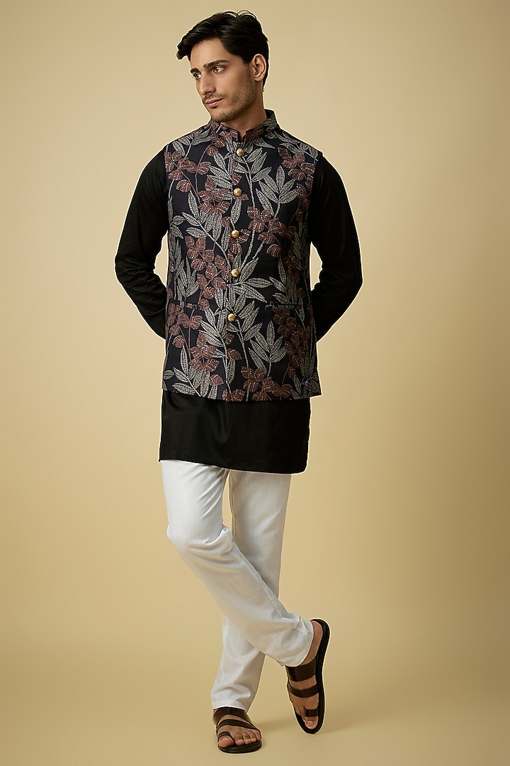 Black Blended Silk Tropical Printed Nehru Jacket Set For Boys by Spring Break- Kids at Pernia's Pop Up Shop