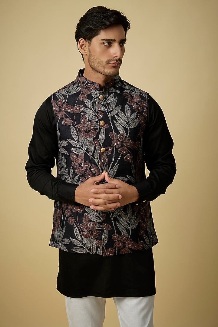 Black Blended Silk Tropical Printed Nehru Jacket Set For Boys by Spring Break- Kids at Pernia's Pop Up Shop