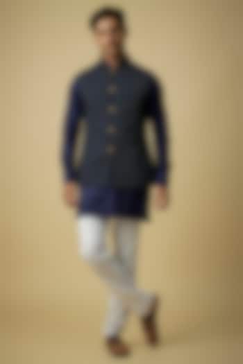 Navy Blue Cotton Printed Nehru Jacket Set For Boys by Spring Break- Kids at Pernia's Pop Up Shop