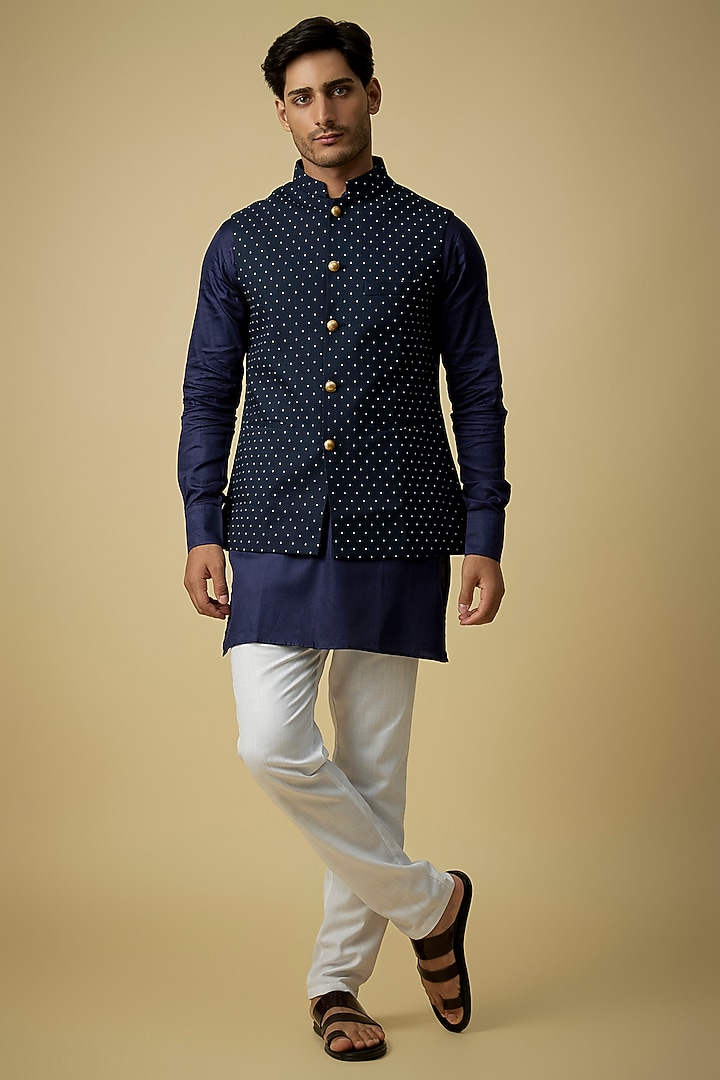 Navy Blue Cotton Printed Nehru Jacket Set For Boys by Spring Break- Kids at Pernia's Pop Up Shop