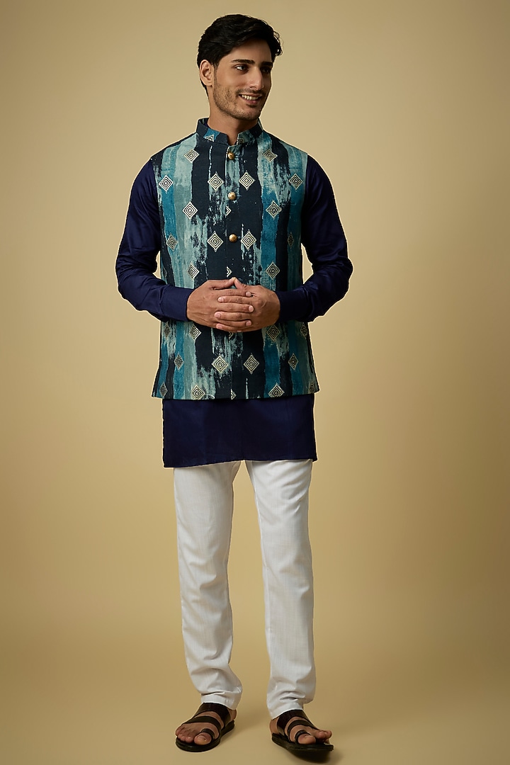 Navy Blue Blended Silk Digital Printed Nehru Jacket Set For Boys by Spring Break- Kids at Pernia's Pop Up Shop