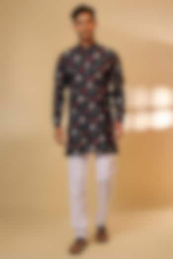 Navy Blue & Gold Blended Silk Leaf Printed Kurta Set For Boys by Spring Break- Kids at Pernia's Pop Up Shop