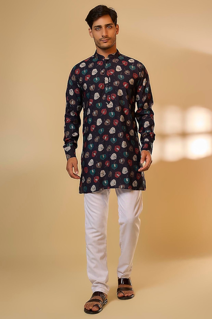 Navy Blue & Gold Blended Silk Leaf Printed Kurta Set For Boys by Spring Break- Kids at Pernia's Pop Up Shop