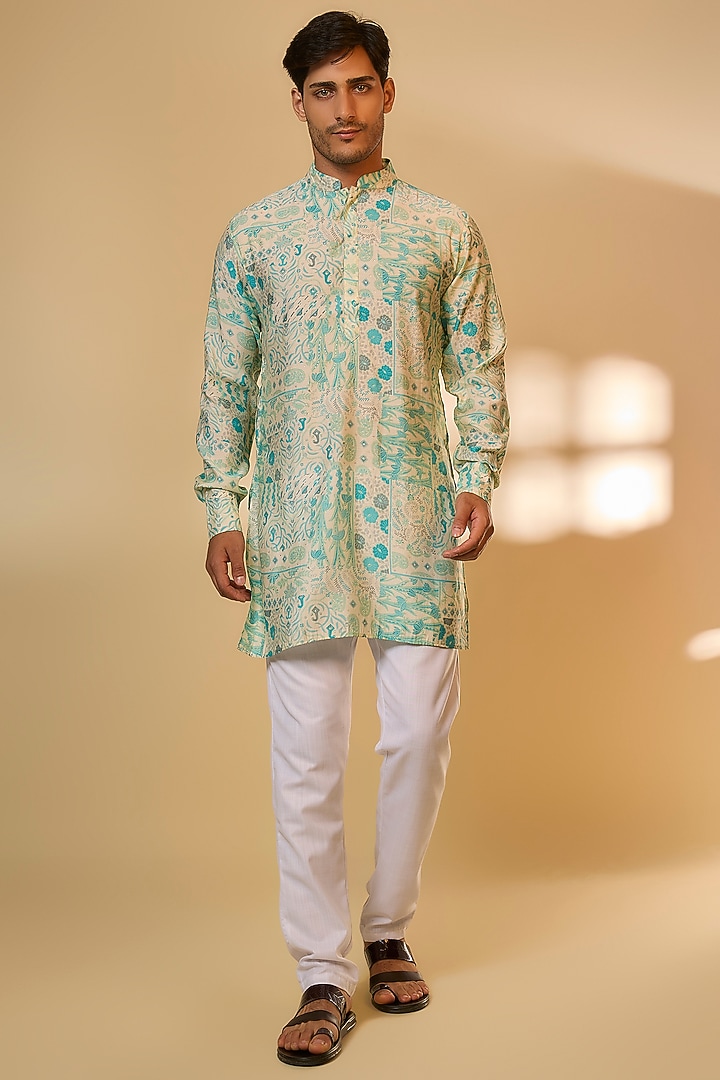 Sky Blue Blended Silk Botanical Printed Kurta Set For Boys by Spring Break- Kids at Pernia's Pop Up Shop