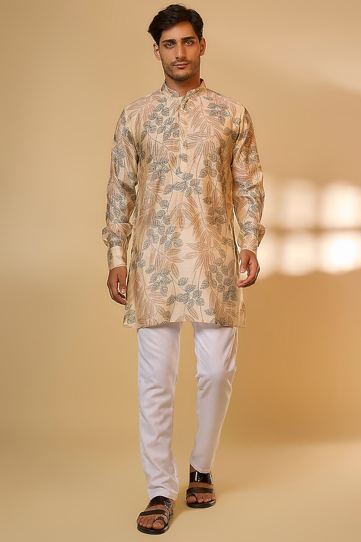 Cream Cotton Linen Tropical Printed Kurta Set For Boys by Spring Break- Kids at Pernia's Pop Up Shop