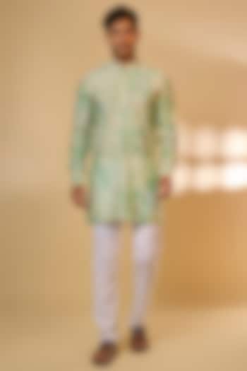 Green Blended Silk Botanical Printed Kurta Set For Boys by Spring Break- Kids at Pernia's Pop Up Shop