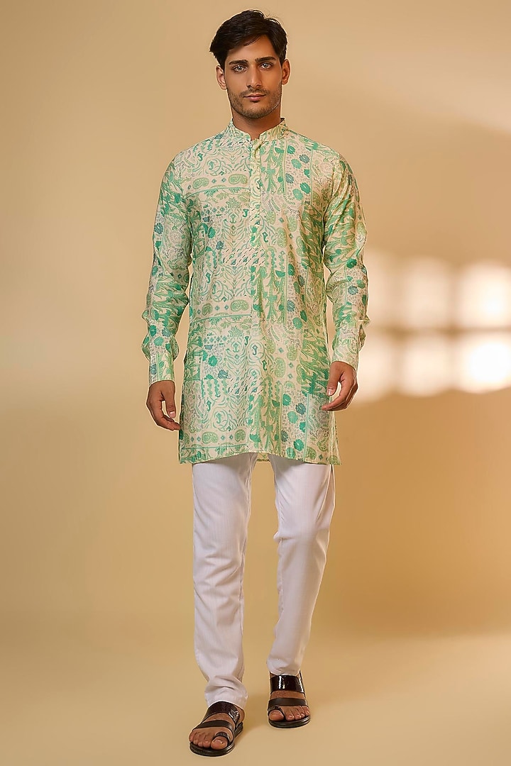 Green Blended Silk Botanical Printed Kurta Set For Boys by Spring Break- Kids at Pernia's Pop Up Shop