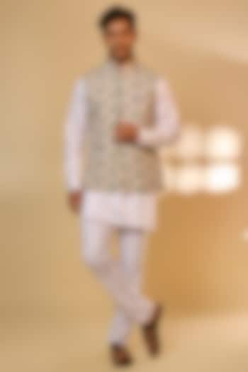 Pink Cotton Leaf Printed Nehru Jacket Set For Boys by Spring Break- Kids at Pernia's Pop Up Shop