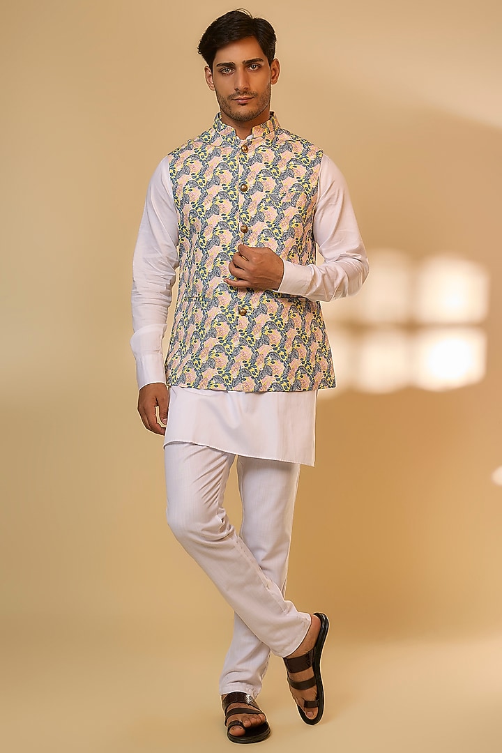 Pink Cotton Leaf Printed Nehru Jacket Set For Boys by Spring Break- Kids at Pernia's Pop Up Shop