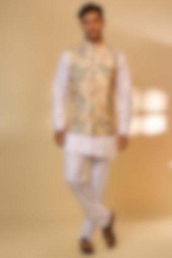 Cream Cotton Linen Tropical Printed Nehru Jacket Set For Boys by Spring Break- Kids at Pernia's Pop Up Shop