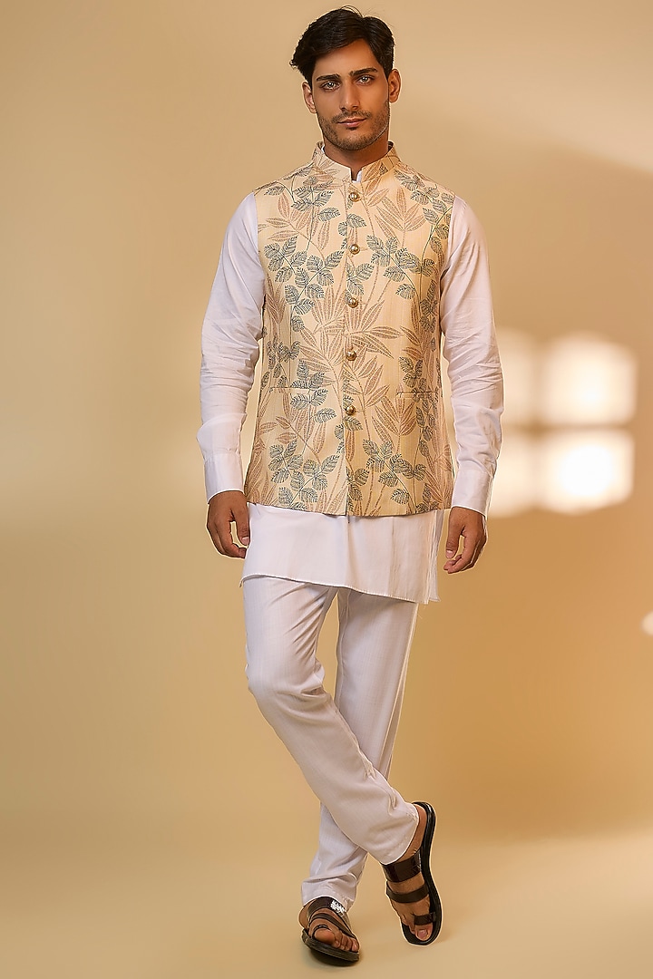 Cream Cotton Linen Tropical Printed Nehru Jacket Set For Boys by Spring Break- Kids at Pernia's Pop Up Shop