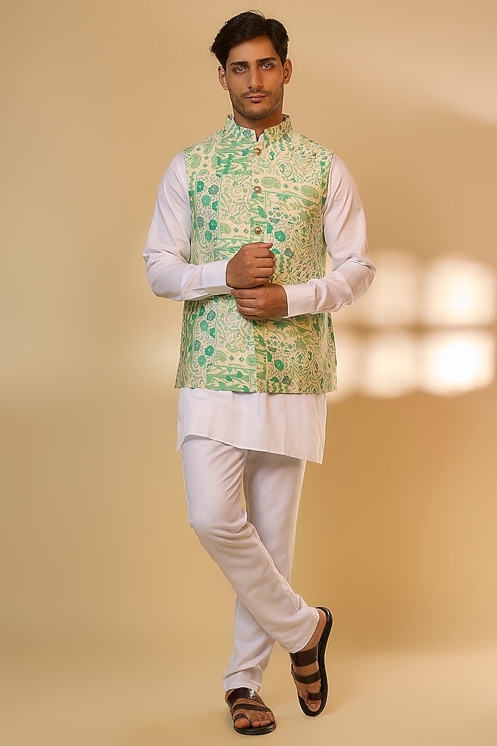 Green Blended Silk Printed Nehru Jacket Set For Boys by Spring Break- Kids at Pernia's Pop Up Shop